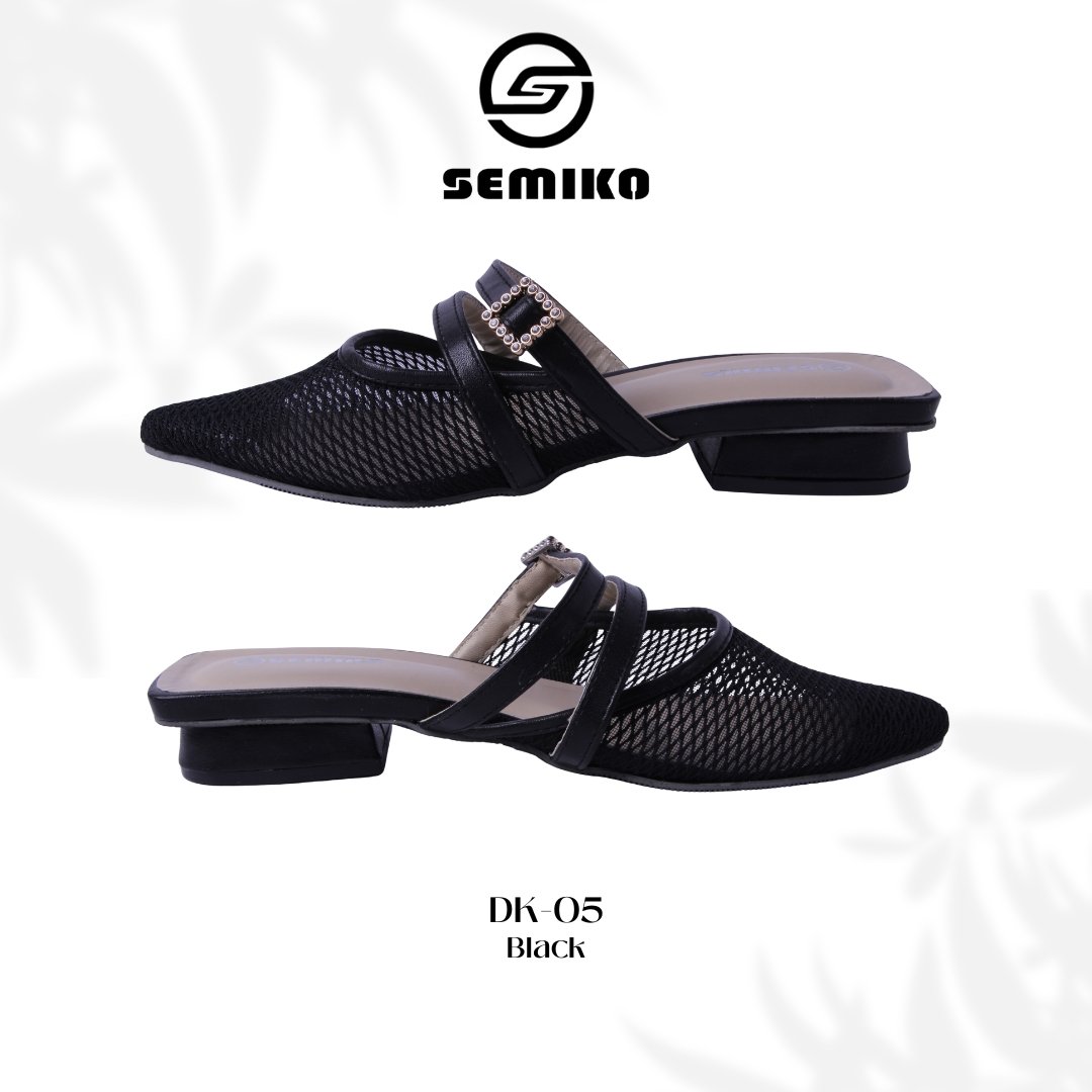 SEMIKO DK 05 Sandal Mules Heels Wanita Hak Tahu Jaring Premium Aksen Gesper Kristal