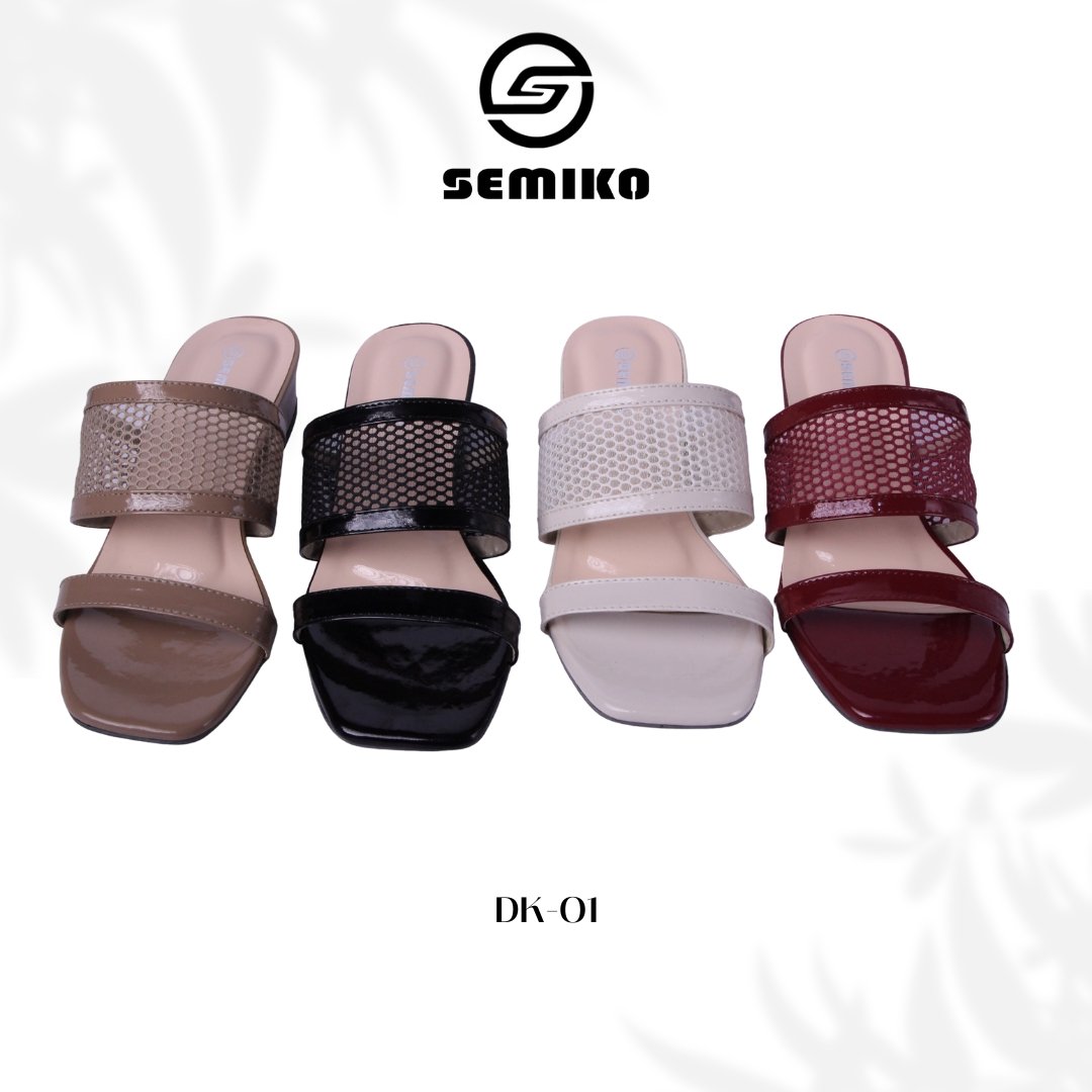 Semiko DK-01 - Sandal Heels Wanita Hak Tahu Kekinian Mesh Kombinasi Glossy